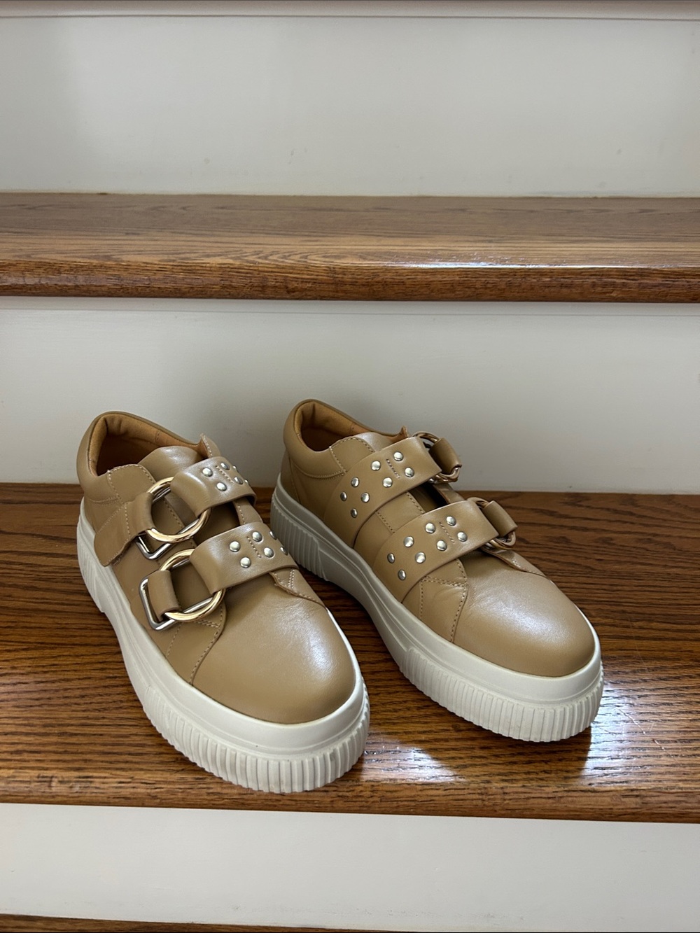 J/Slides Tan Platform Sneakers with Studded Straps